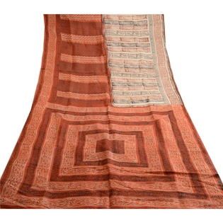 Sanskriti Vintage Orange Indian Pure Silk Sarees Printed Sari 5Yd Craft Fabric, PR-57539