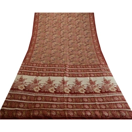 Sanskriti Vintage Sarees Red Indian 100% Pure Silk Printed Sari 5Yd Craft Fabric, PR-64000