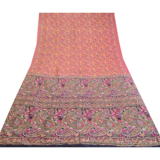 Sanskriti Vintage Sarees Pink 100% Pure Silk Printed Sari Floral Craft Fabric, PR-62451