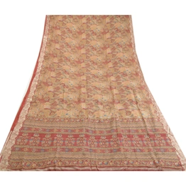 Sanskriti Vintage Sarees Indian Peach Printed Pure Silk Sari Soft Craft Fabric, PR-63969