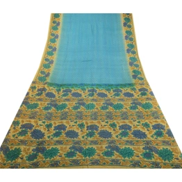 Sanskriti Vintage Sarees From India Blue Printed Pure Silk Sari 5Yd Craft Fabric, PR-63862