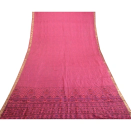 Sanskriti Vintage Sarees Pink Zari Border Pure Silk Printed Sari Craft Fabric, PR-63888