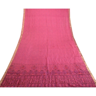 Sanskriti Vintage Sarees Pink Zari Border Pure Silk Printed Sari Craft Fabric, PR-63888