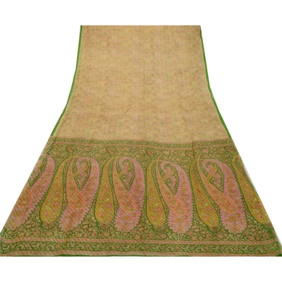 Sanskriti Vintage Sarees Cream Pure Silk Printed Woven Sari Soft Craft Fabric, PR-64287