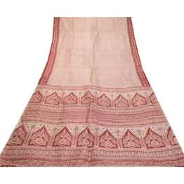 Sanskriti Vintage Sarees Indian Red Block Printed Pure Silk Sari Craft Fabric, PR-64290