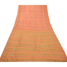 Sanskriti Vintage Sarees Indian Orange 100% Pure Silk Printed Sari Craft Fabric, PR-64138