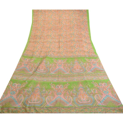 Sanskriti Vintage Green Sarees 100% Pure Silk Printed Sari Craft Soft Fabric, PR-62419