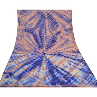 Sanskriti Vintage Peach/Blue Tie-Dye Handbead Sarees Pure Crepe Silk Sari Fabric, PRC-17339