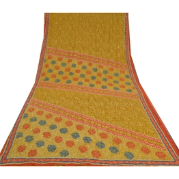 Sanskriti Vintage Sarees Mustard Green Hand Beaded Kantha Crepe Sari 5Yd Fabric, PRC-18654