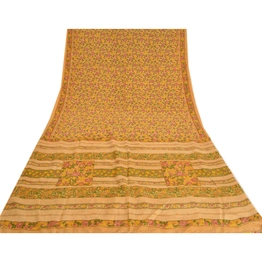 Sanskriti Vintage Sarees Salted Caramel Pure Crepe Silk Print Sari Craft Fabric, PRC-19166