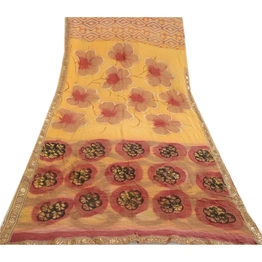 Sanskriti Vintage Sarees Red Indian Pure Crepe Silk Printed Sari Craft Fabric, PRC-19221