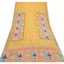 Sanskriti Vintage Sarees Yellow Indian Pure Crepe Silk Printed Sari Craft Fabric, PRC-19222