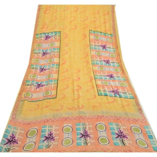 Sanskriti Vintage Sarees Yellow Indian Pure Crepe Silk Printed Sari Craft Fabric, PRC-19222