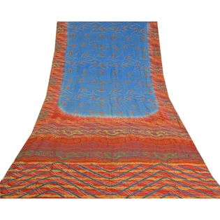 Sanskriti Vintage Sarees Indian Blue Pure Crepe Silk Printed Sari Craft Fabric, PRC-19335