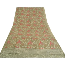 Sanskriti Vintage Sarees Indian Cream Pure Crepe Silk Printed Sari Craft Fabric, PRC-19267