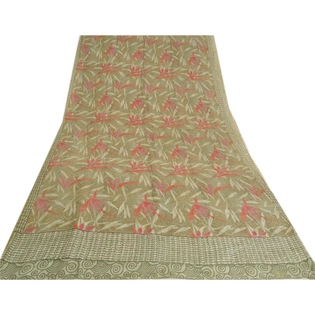 Sanskriti Vintage Sarees Indian Cream Pure Crepe Silk Printed Sari Craft Fabric, PRC-19267