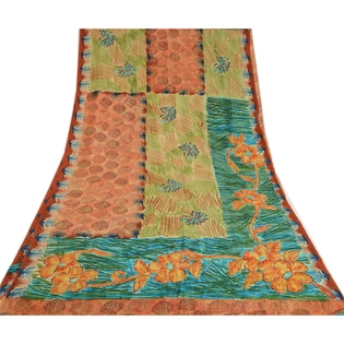 Sanskriti Vintage Sarees Orange Pure Crepe Silk Printed Sari Soft Craft Fabric, PRC-19210