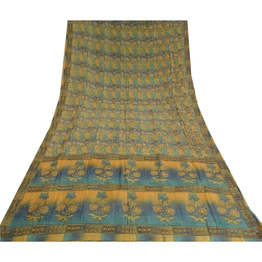 Sanskriti Vintage Sarees Multi Indian Pure Crepe Silk Printed Sari Craft Fabric, PRC-19389