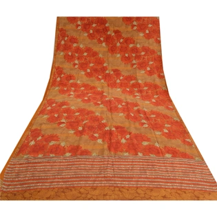 Sanskriti Vintage Sarees Indian Orange Pure Crepe Silk Printed Sari Craft Fabric, PRC-19443