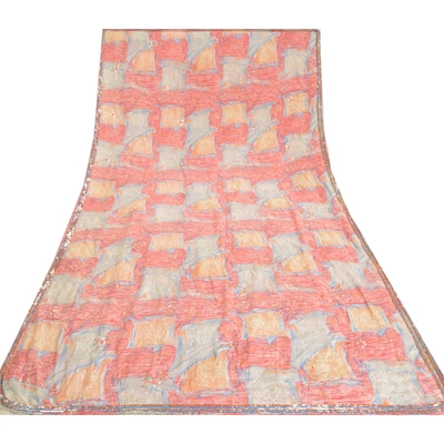 Sanskriti Vintage Sarees Hand Beaded Pure Crepe Silk Printed Sari Craft Fabric, PRC-19315