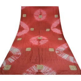 Sanskriti Vintage Sarees Red Tie-Dye Hand Beads Zari Pure Crepe Silk Sari Fabric, PRC-19485