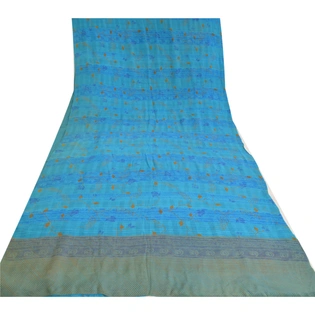 Sanskriti Vintage Sarees Blue Pure Crepe Silk Printed Sari Soft 5Yd Craft Fabric, PRC-19527