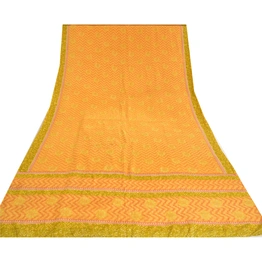 Sanskriti Vintage Sarees Saffron 100% Pure Crepe Silk Printed Sari Craft Fabric, PRC-19532