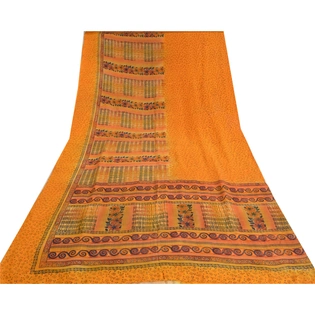 Sanskriti Vintage Sarees Yellow Indian Printed Pure Crepe Silk Sari Craft Fabric, PRC-19497