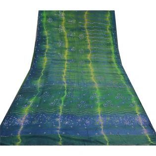 Sanskriti Vintage Sarees Tie-Dye Hand Beaded Pure Crepe Silk Sari Craft Fabric, PRC-19574