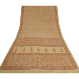 Sanskriti Vintage Ivory Indian Sarees Pure Crepe Silk Printed Sari Craft Fabric, PRC-19647