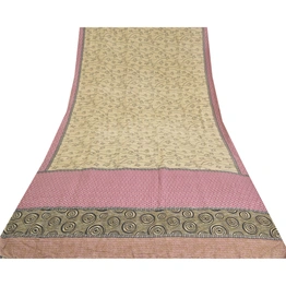 Sanskriti Vintage Sarees Pale-Cream Pure Crepe Silk Sari Printed Craft Fabric, PRC-19464