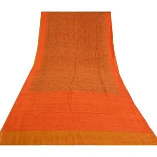 Sanskriti Vintage Sarees Orange Pure Crepe Silk Printed Sari Floral Craft Fabric, PRC-19587