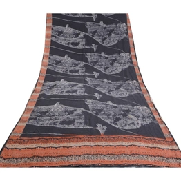 Sanskriti Vintage Greyish Black Sarees Pure Crepe Silk Printed Sari Craft Fabric, PRC-19660