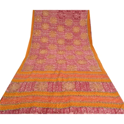 Sanskriti Vintage Sarees Dusty Pink Embroidery Pure Crepe Silk Print Sari Fabric, PRC-19606