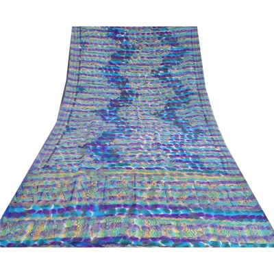 Sanskriti Vintage Sarees Blue Hand Beads Pure Crepe Silk Print Sari Craft Fabric, PRC-19320