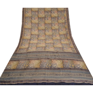 Sanskriti Vintage Sarees Multi Pure Crepe Silk Block Printed Sari Craft Fabric, PRC-19674