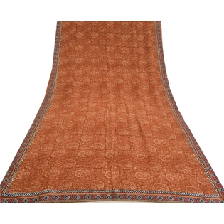 Sanskriti Vintage Sarees Brown Block Printed Pure Crepe Silk Sari Craft Fabric, PRC-19342