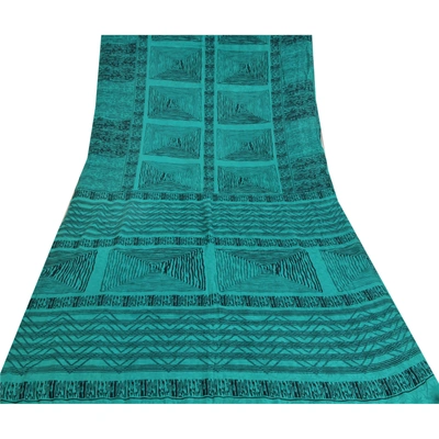 Sanskriti Vintage Sarees Teal Blue Pure Crepe Silk Printed Sari 5Yd Craft Fabric, PRC-18340