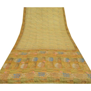 Sanskriti Vintage Indian Sarees Printed Pure Crepe Silk Sari Craft Soft Fabric, PRC-3161