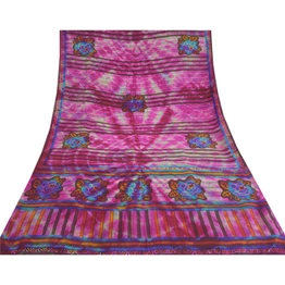 Sanskriti Vintage Pink Tie-Dye Sarees 100% Pure Crepe Silk Sari 5Yd Craft Fabric, PRC-17346