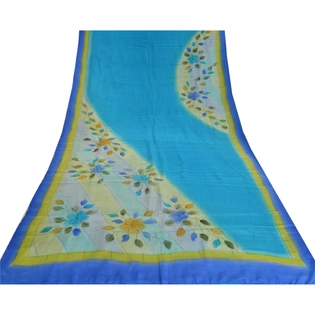 Sanskriti Vintage Sarees Blue 100% Pure Crepe Silk Printed Sari 5Yd Craft Fabric, PRC-18630