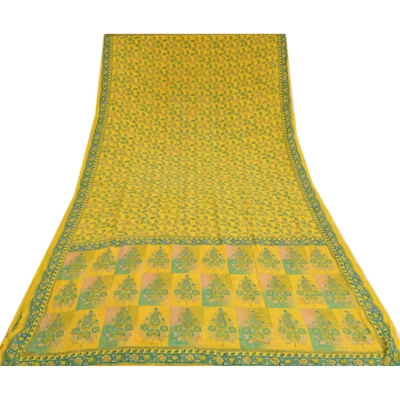 Sanskriti Vintage Sarees Indian Yellow Printed Pure Crepe Silk Sari Craft Fabric, PRC-19178