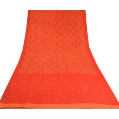 Sanskriti Vintage Sarees Red Indian Printed Pure Crepe Silk Sari Craft Fabric, PRC-19185