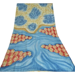 Sanskriti Vintage Sarees Cream & Blue Pure Crepe Silk Printed Sari Craft Fabric, PRC-19129