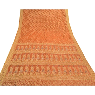 Sanskriti Vintage Orange Sarees Organza Hand Beaded Woven Ethnic Sari Fabric, PS-57396