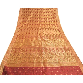 Sanskriti Vintage Red Indian Sarees Art Silk Woven Cultural Sari 5 Yard Fabric, PS-57452