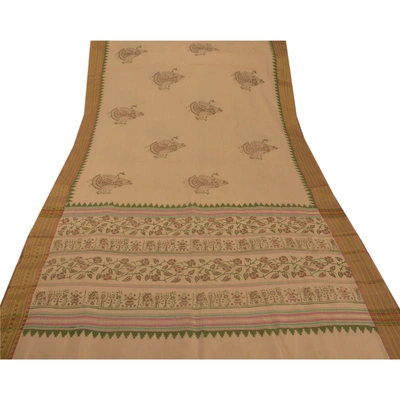 Sanskriti Vintage Cream Sarees Cotton Block Print Zari Woven Craft Fabric Sari, PS-52244