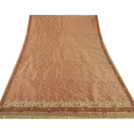 Sanskriti Vintage Brown Sarees Tissue Hand Beaded Craft Fabric Cultural Sari, PS-52672