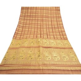 Sanskriti Vintage Beige Sarees 100% Pure Silk Handwoven Sari 5 Yard Fabric, PS-57134