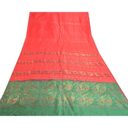 Sanskriti Vintage Red Sarees Blend Silk Hand- Woven Zari Premium Sari Fabric, PS-57532